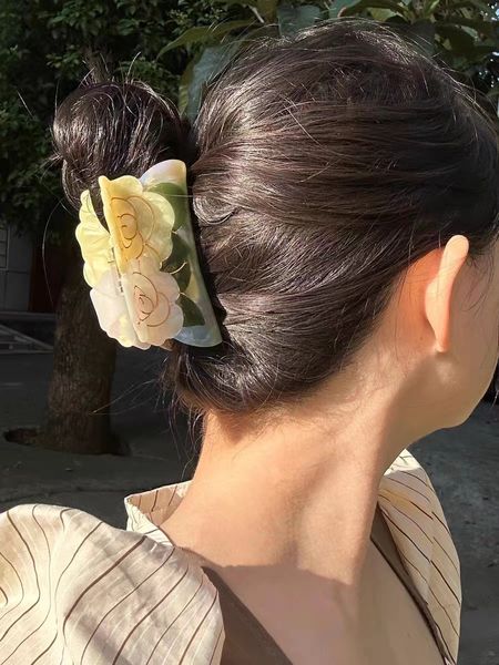 Bunte Kamelien Blumen Essigsäure große Haarklaue für Frauen Mädchen Sommer Urlaub Schmuck Vintage Elegante Kopfbedeckung 2023