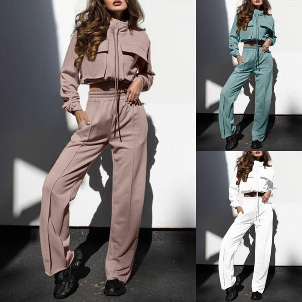 Damen zweisteuelhafte Hosen Reißverschluss Doppel-Taschenkordelzug Crop Tops Anzug Frauen 2023 Freizeitmantel hoher Taille weites Bein elegantes zweiteiliger Set