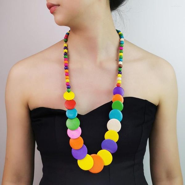 Girocollo bohémien lunghe perle in legno collane a ciondolo colorato in legno di legno collana gioielli spiaggia per donne etniche grandi