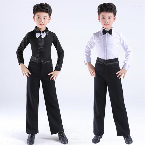 Bühne Wear Boys Latin Tanz Kostüm Ballsaal Cha Rumba Salsa Tango Performance Kleidung Set Kinder Schwarze weiße Bogen Tanzkleidung281f