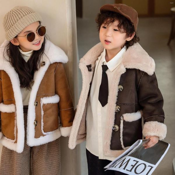 Frauenfell Koreanische Kinderkleidung 2024 Winter integrierter Wildleder Wollmantel für Jungen und Mädchen