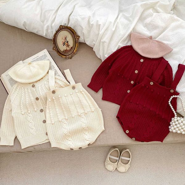 Conjuntos de roupas outono inverno bebê camisola meninas conjunto de malha bola manga comprida suspender camisola de malha macacão de duas peças conjunto de roupa de menina do bebê