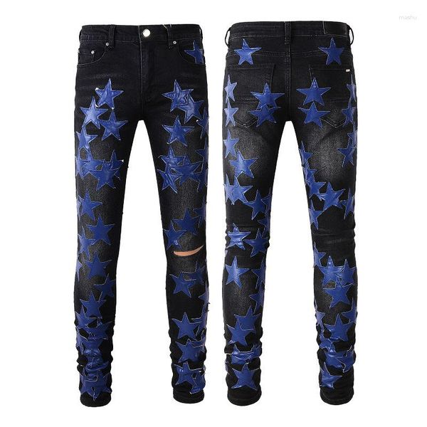 Jeans masculinos Am rasgado azul estrela de couro remendado calça de rua de rua moda moda punk stretch skinny