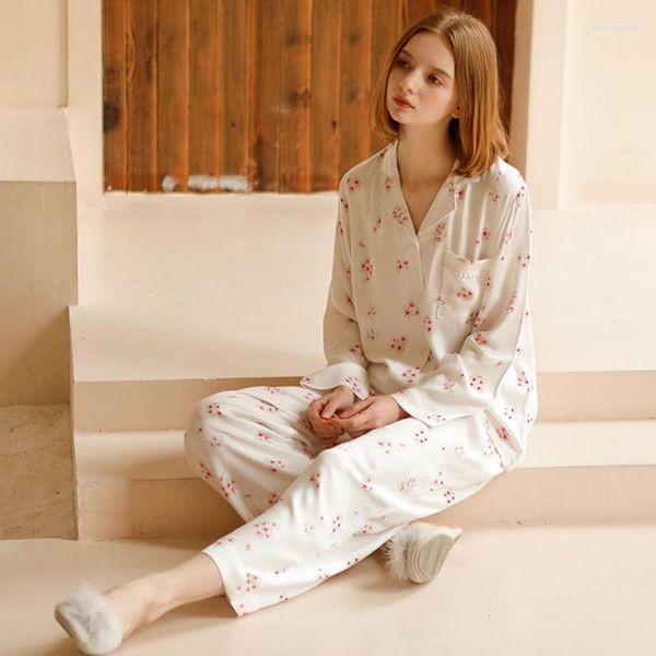 Женская одежда для сна 2023 Peach Blossom Cluster Printed Satin Pajamas Ladies Bante Comp