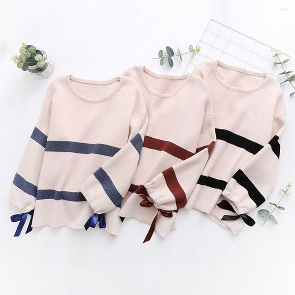 Kadın Sweaters 2023 Kızlar Kabarcık Uzun kollu Bow Tie Ladies Kazak Gevşek Çizgiler Sıradan Sonbahar İnce Örgü Sıcak Kış Sweater Tatlı