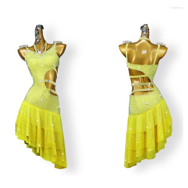 Stage desgaste amarelo Profissional Latin Dance Tassel Dress Figurino da concorrência sexy de mulheres personalizações de tamanho feminino roupas femininas