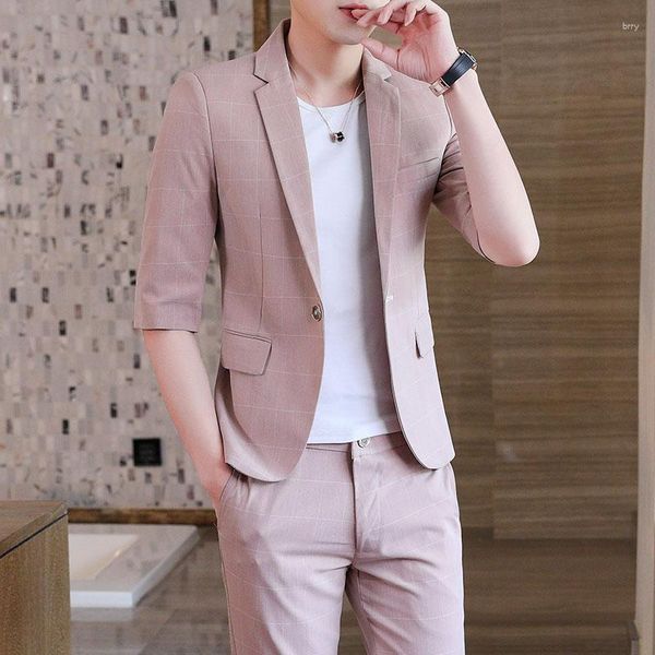 Abiti da uomo estate (pantaloni abiti da blazer) decorazione di cuffia medio corpo coreano versione coreana del set a due pezzi blazer a manicotto a sette punti casual