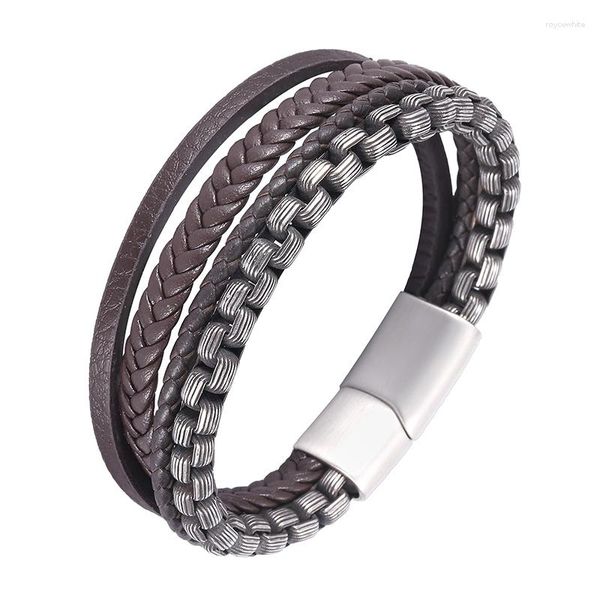 Bracelets de charme jóias de jóias de couro marrom com aço inoxidável costura de aço combinando homens com fecho magnético punk acessórios pd0998