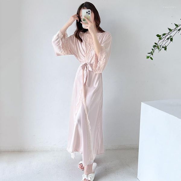 Kadınların Pijama Batah Seti İpek Bahar Sonbahar Seksi Dantel Sırtsız Bayan Saten Giyinme ve Nightwear Fransız Tarzı Nighte Famely