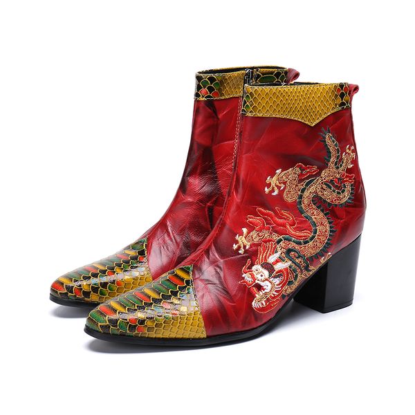 Orijinal Çin ejderha fermuar elbise botları moda artı beden sivri ayak ayak bileği botları sosyal yüksek topuk erkekler deri kısa botlar