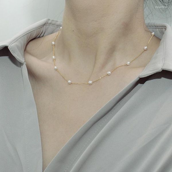 Colares pendentes Versão coreana do colar de pérolas de água doce natural moda de titânio retro aço de aço 18k clavícula feminina dourada