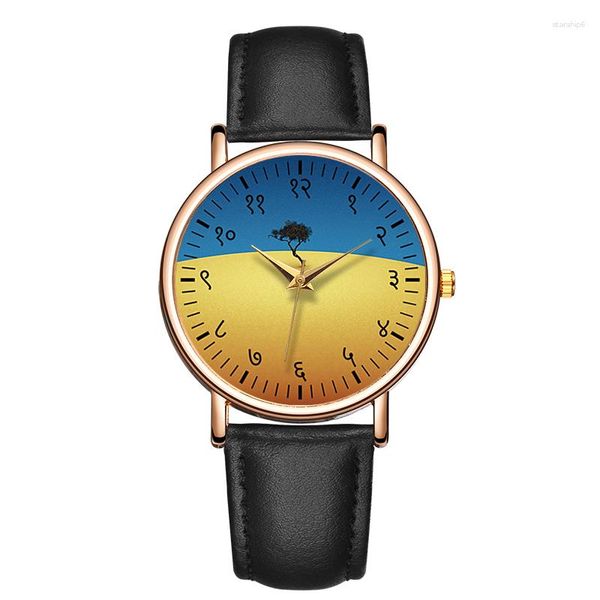 Relógios de pulso moda feminina quartzo wristwatch azul e amarelo assistir tira de couro fêmea de discagem redonda à prova d'água