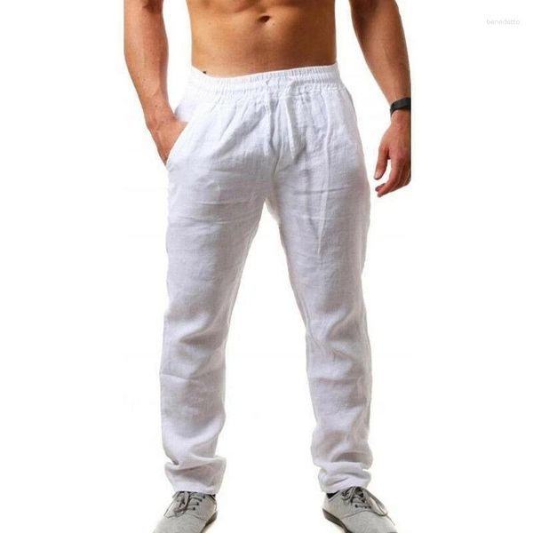 Calças masculinas de estilo fino de algodão macho 2023 primavera respirável colorida linho linho de linho fitness streetwear pantalon homme