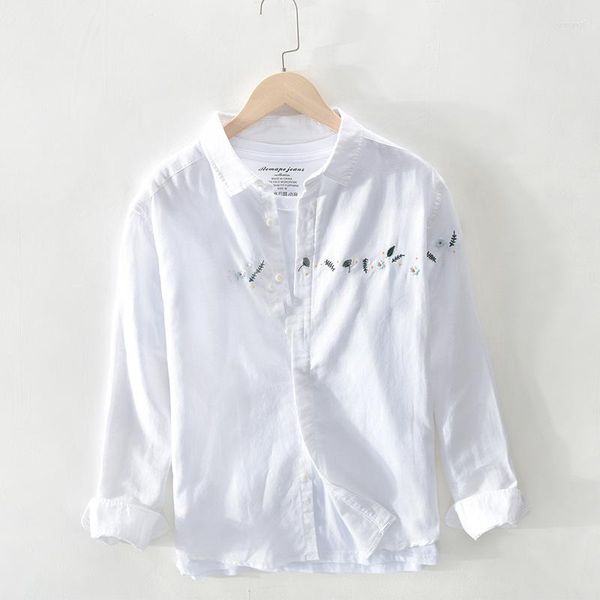 Camisas casuais masculinas Bordado de linho de algodão floral Men de manga comprida vestido de qualidade Camisa Masculina TS-685