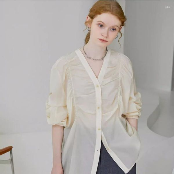 Polos da donna Shirt a bubble a V-Neck 2023 Edizione coreana estiva Design Top di protezione solare a maniche lunghe in chiffon dolce