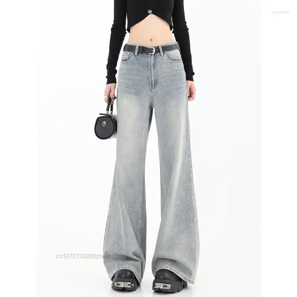 Jeans femininos 2023 Primavera Americana Americana Retro High Cídhar Micro Flare Solto Pants de perna larga larga Desta versátil Slim Drag Fashion