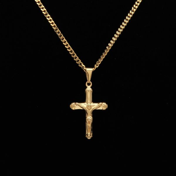 Hm4f Jesus-Kreuz-Halskette, vergoldeter Edelstahl, Anhänger, modisch, religiöser Glaube, Halsketten für Herren, Hip-Hop-Schmuck