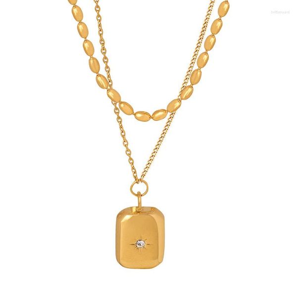 Anhänger Halsketten Trending Doppelschicht Edelstahl Perlen Halskette Kubanische Kreuzkette 18K Gold plattiert Mode Square Star Schmuck Schmuck