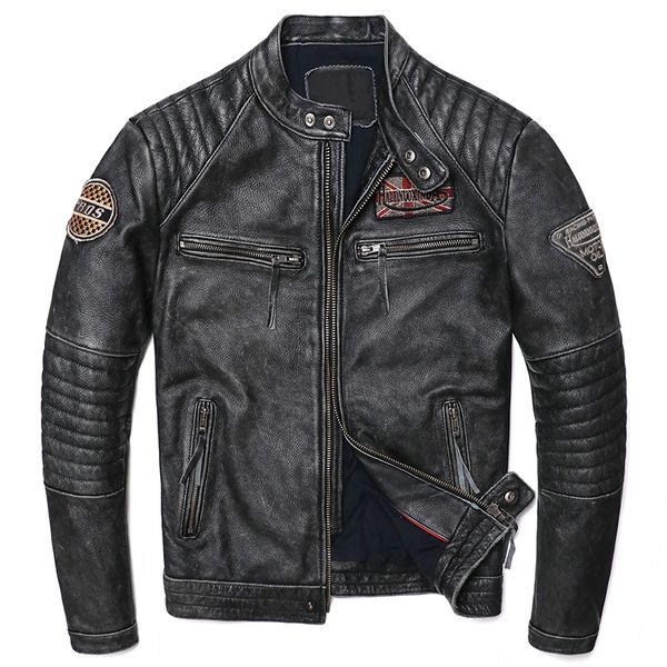 Jackets masculinos Motocicleta cinza vintage Biker de couro genuíno Biker Natural Cowhide Man Slim Cool Roupas Casaco 230812