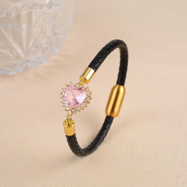 Bracelets de charme clássico brilhante Crystal Zircon Heart Leather Rope Fashion Casal Bangle de aço inoxidável encantador para feminino