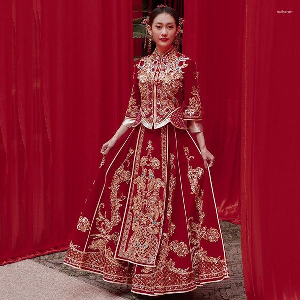 Abbigliamento etnico in stile cinese abito da sposa banchetto elegante elegante sposa paillettes vintage perline ricami Qipao