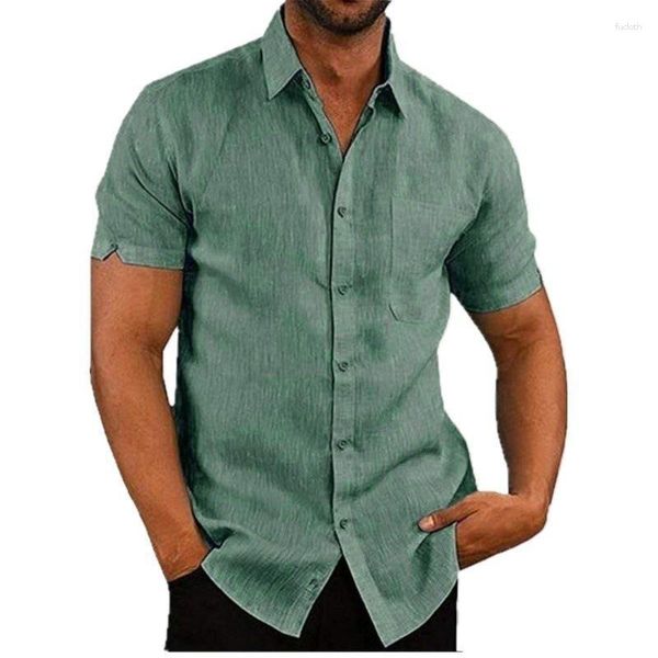 Camicie casual da uomo Shirt in lino in cotone a maniche corte corta Corso a colori solidi Collar Stile spiaggia