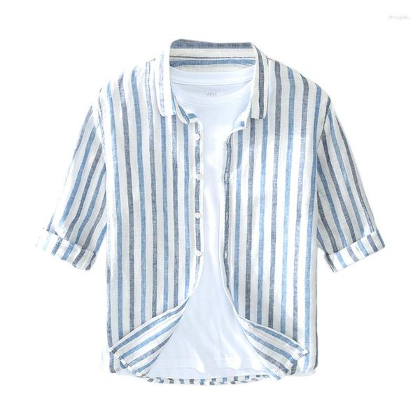 Herren lässige Hemden japanische gestreifte Leinen drei viertelarmiges Hemd Sommer dünner loser Strickjacken quadratischer Hals kleines frisches Top