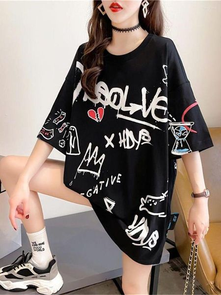 Damen Hoodies Black Graffiti T -Shirt Koreanische Frauen Kawaii losen übergroß