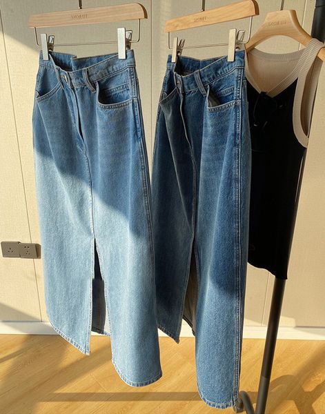 Frauen lässig Denim Rock hohe Taille Split vorne Lange Jean -Röcke