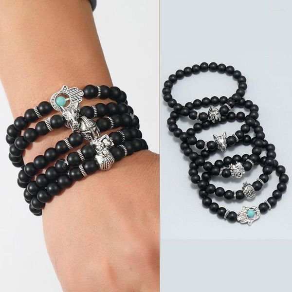 Armreif Lederarmband für Männer 2023 Schmuck Frosted Crown Wolfskopf Schwarz handgefertigt Perlen, vielseitige Mehrschicht