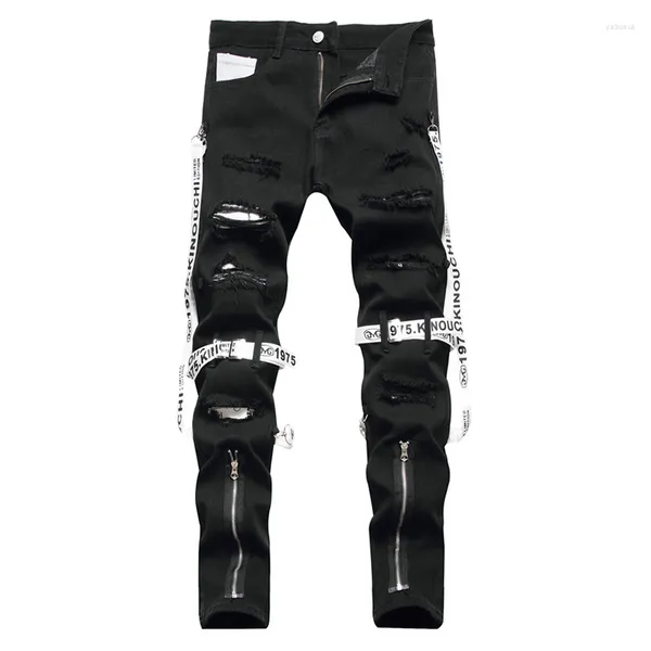 Jeans masculinos Men punk zíperes pretos Treinadores da moda de rua rasgados calças jeans fita calças retas magras