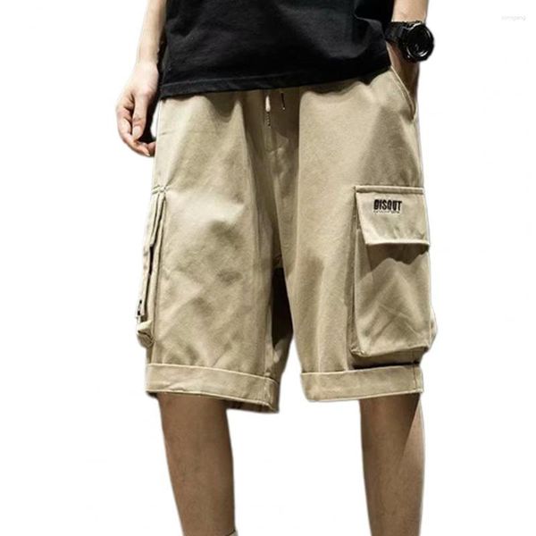 Shorts masculinos chic masculinos dobrados na altura do joelho de tecido macio de cintura elástica carga reta