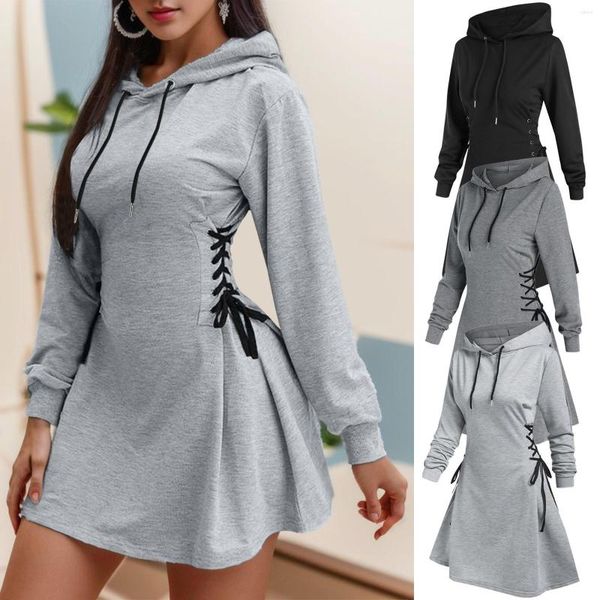 Damen Hoodies Frauen Binden Taille Mini -Kleid gegen Nacken Langarm Slim Fit Sweatshirts Damen modische solide Drawschnelle