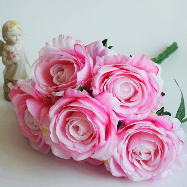 Flores decorativas 7 cabeças de rosa Bouquet simulação