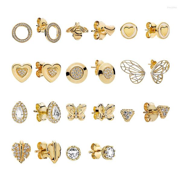 Orecchini per borchie 18k Shine Gold Ear Piercing per le donne pietre zirconi cuori ape farfalla lacrima lacrima a foglia corona gioielli