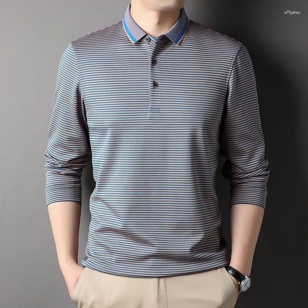 Erkek Polos Top Grade Moda Erkek Tasarımcı Düz ​​Marka Polo Gömlek Gündelik Çizgili Düzenli Fit Kore Uzun Kol Üstleri Erkek Giysileri