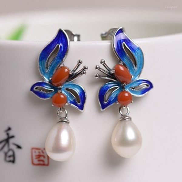 Orecchini a pennello CMAJOR Sterling Silver Jewelry S925 Cinese stile classico Agata Sud Agata Blue Butterfly Pearl Drop per donne