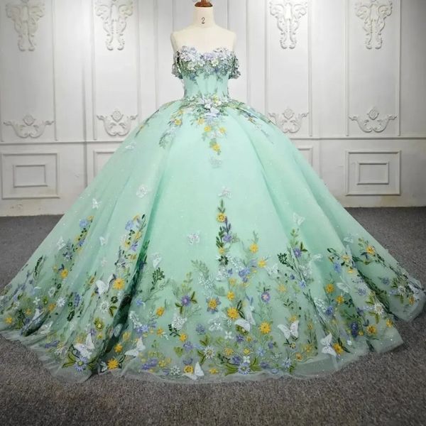 Luxury Green Sweetheart Lace Off spalla Quinceanera Abiti da ballo Appliques Sweet 16 Dress Party Dresses Lace-Up