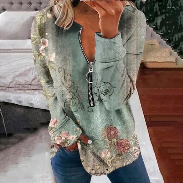 Damen Hoodies Drucken Langsamen Herbst Casual Sweatshirt Tops Vintage V-Neck Reißverschluss 2023 Sudadera Y2K Mujer Hoodie Pullover