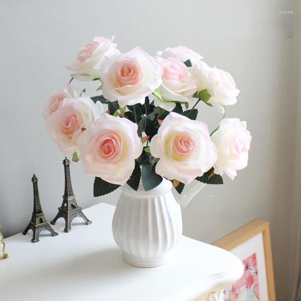 Flores decorativas 44 cm Artificial 10 Head Rose Bouquet Flower Decoration Wedding Hand seco mantido