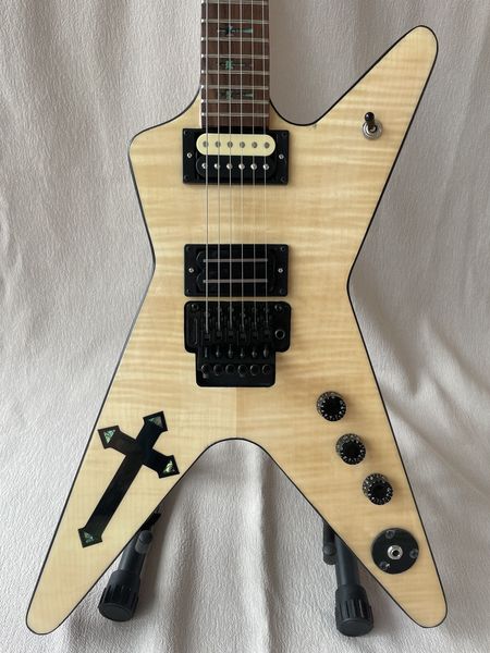 Custom Burn Burn Southern Cross Dimebag Darrell BSG Flame Maple Natural Electric Guitar Abalone Cross Inlay, Floyd Rose Tremolo, Black Hardware