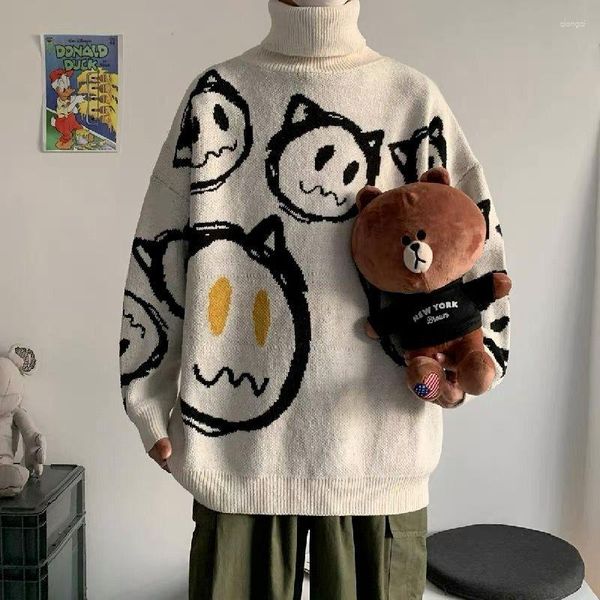 Herrenpullover modische koreanische Art künstlerischer Hochhals -Pullover Herbst Winter Cason Strick Cartoon Teufel gedruckt