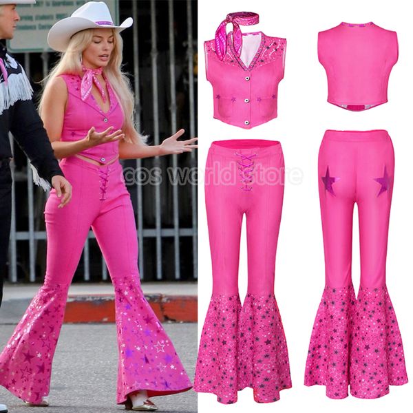 Themenkostümfilm Margot Robbie Kostüm Sexy Starry Pink Weste Top Hosen Schalanzug für Frauen Damen Halloween Carnival Party Kleidung 230812