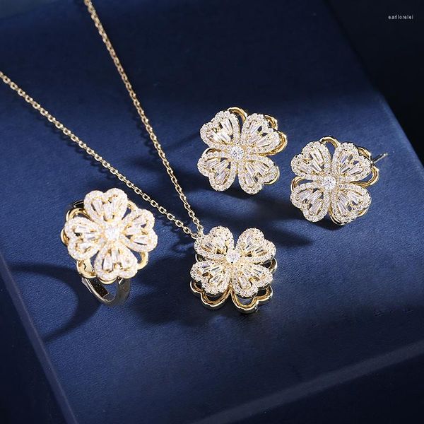 Orecchini di collana set carlidana 3pcs/set ciondolo floreale rotabile di lusso per le donne ansia anello di rilascio