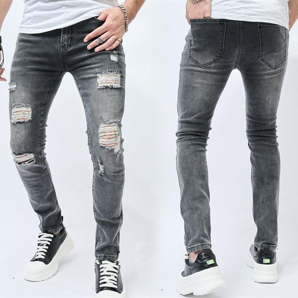Jeans masculinos coxas calças finas casuais com pés pequenos 2023 e buracos quebrados elásticos dobrados