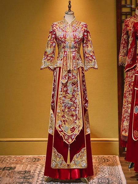 Abbigliamento etnico yourqipao cinese xiuhe 2023 abito da sposa tradizionale cheongsam toast antichi custodi da sposa con perline pesanti abiti da sposa
