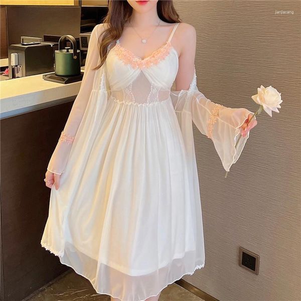 Women's Sleepwear Wedding Bride Wedding 2pcs Nightgown Set Mesh Lace Kimono Nightdress Suit Women Women Summer Setin Bathrobe Domer Wear