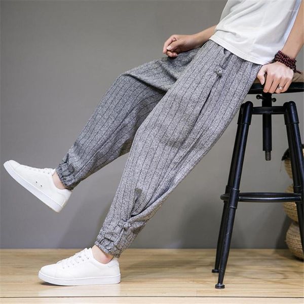 Calça masculina listra homens homens de linho de lenço de luxo de hip hop