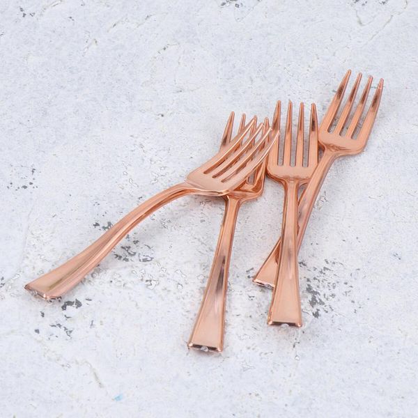 Geschirrsets 24 PCs Plastikfruchtfürchtiges Spoons Silberwaren Roségold -Einweggabel -Kinder -Mini -Gabeln Roségold