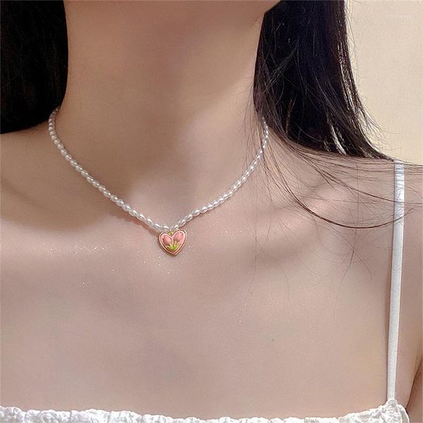 Colares pendentes AOMU Gold Color Rosa Tulipa Imitação Colar de Pérola para Mulheres Meninas Elegantes Cara Cara de Clavículas Acessórios para Cadeia